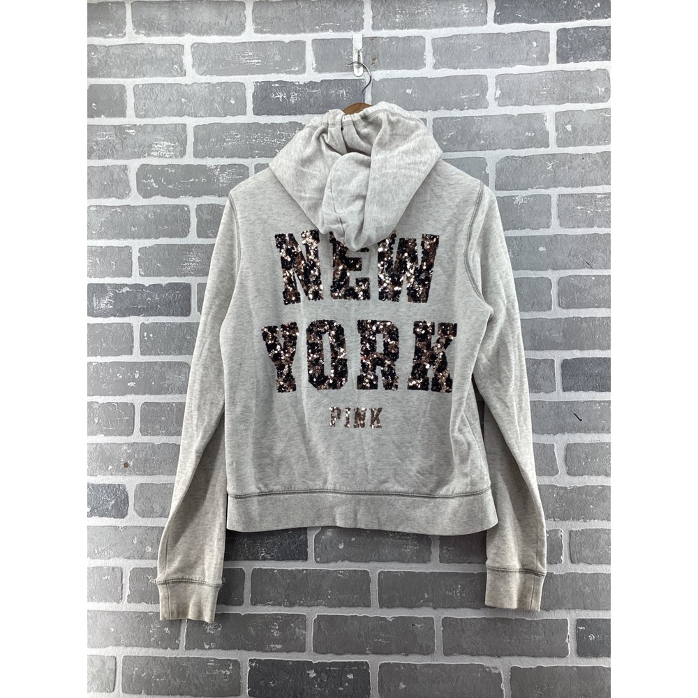 Pink Victoria's Secret New York Sequin Zip Up Hoodie Gray Large Womens